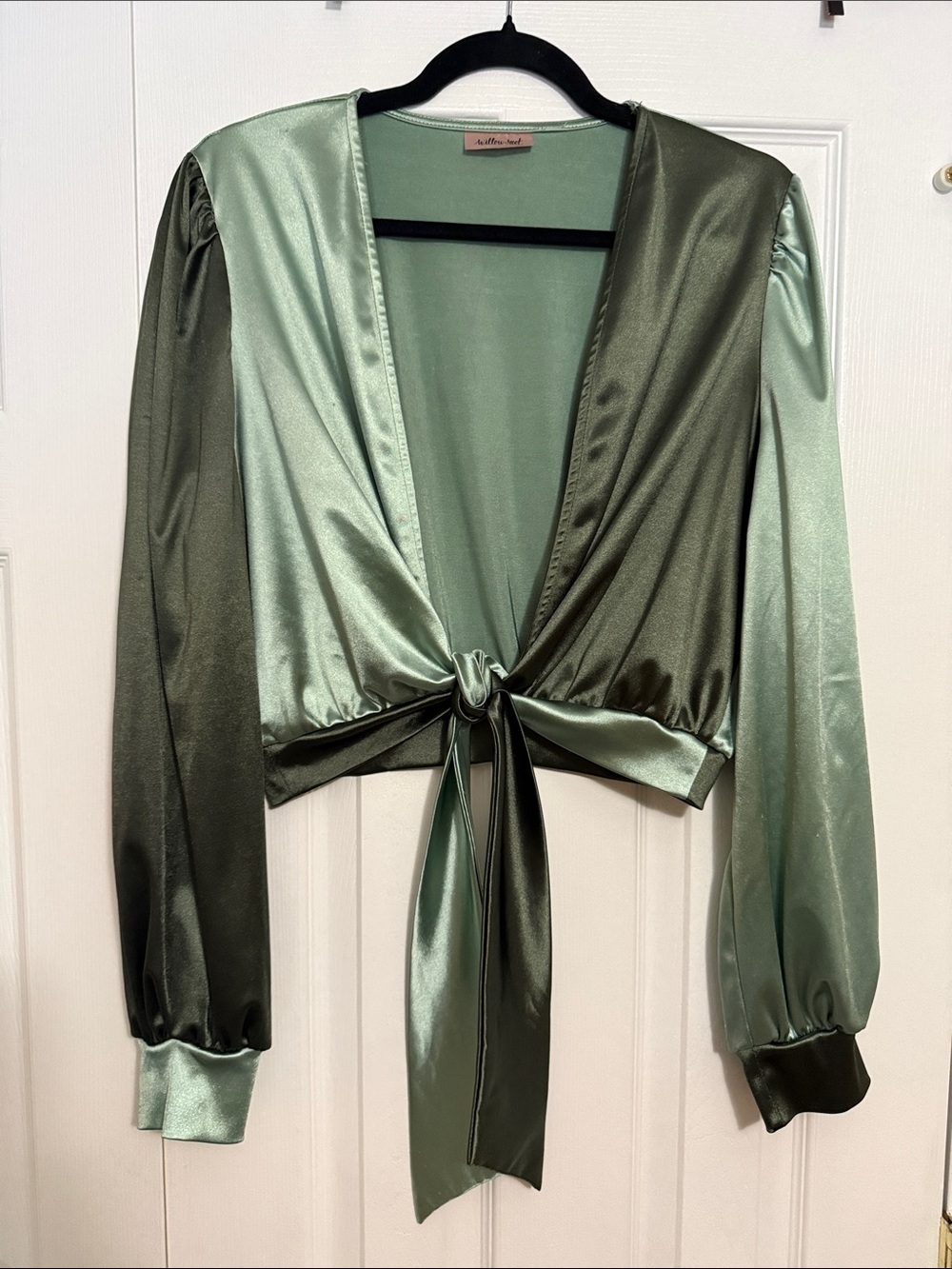 Two-Tone Satin Tie-Front Crop Top in Sage & Olive